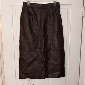 Women’s Vintage Dark Brown Faux Leather Maxi Skirt Medium Pleated Preppy Old $$